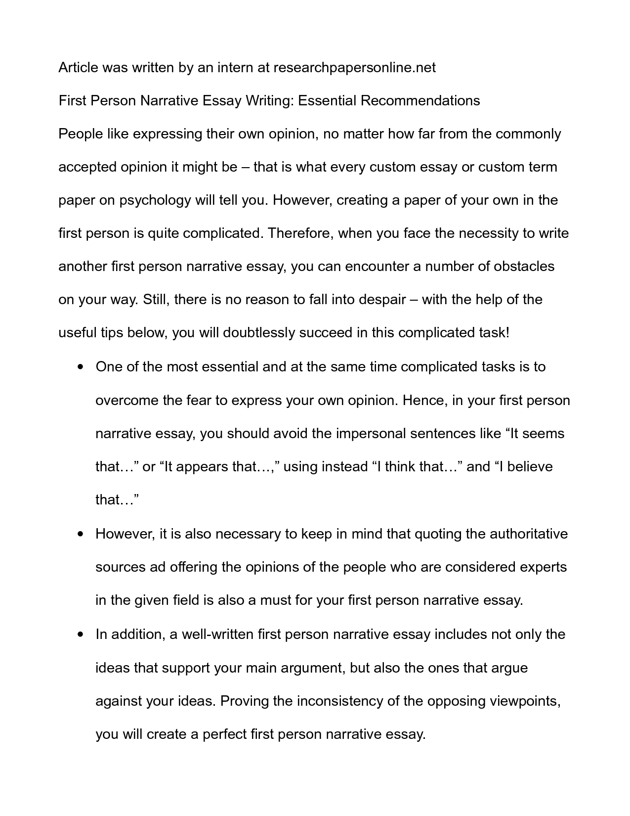 first person narrative example essays