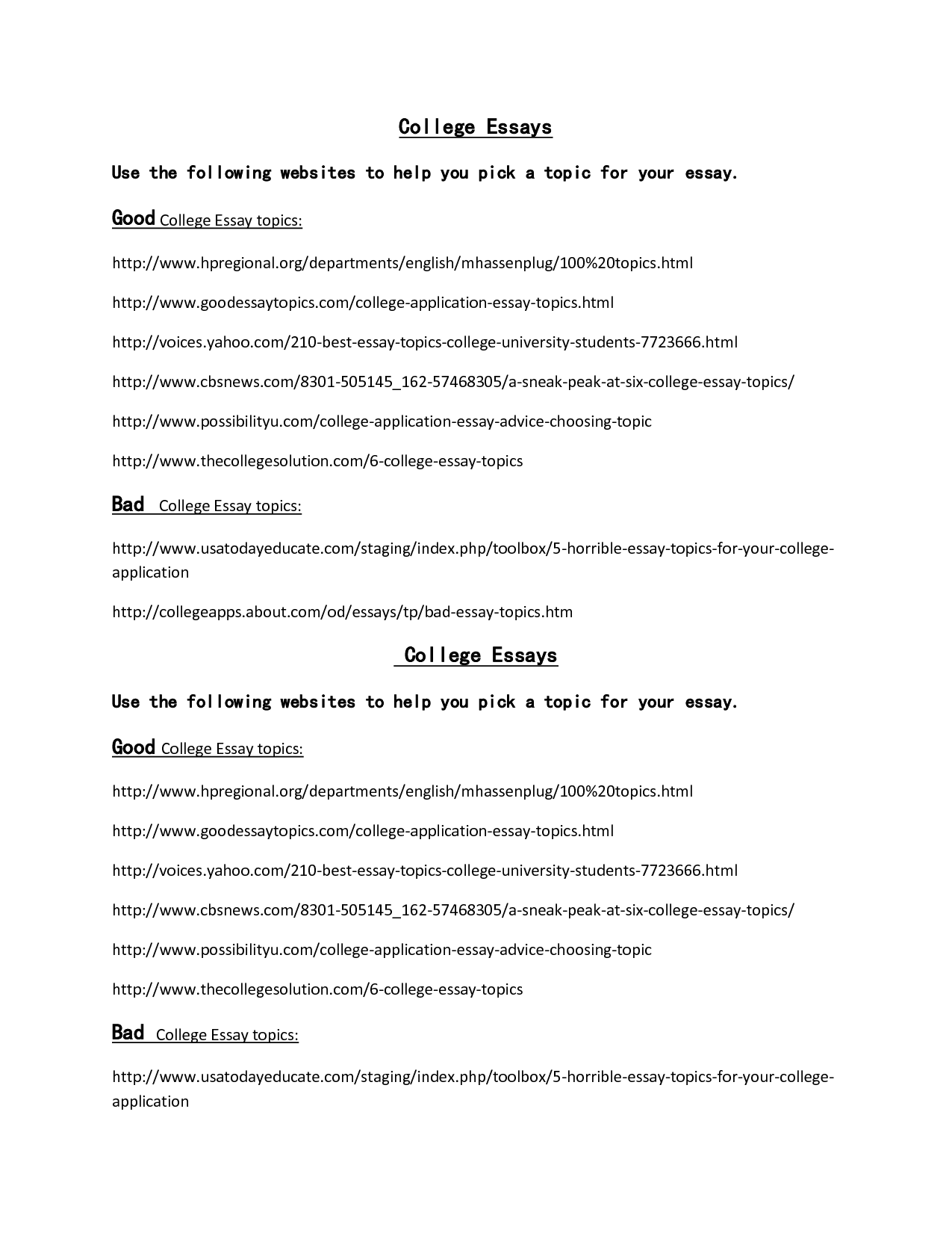 College Essay Topics