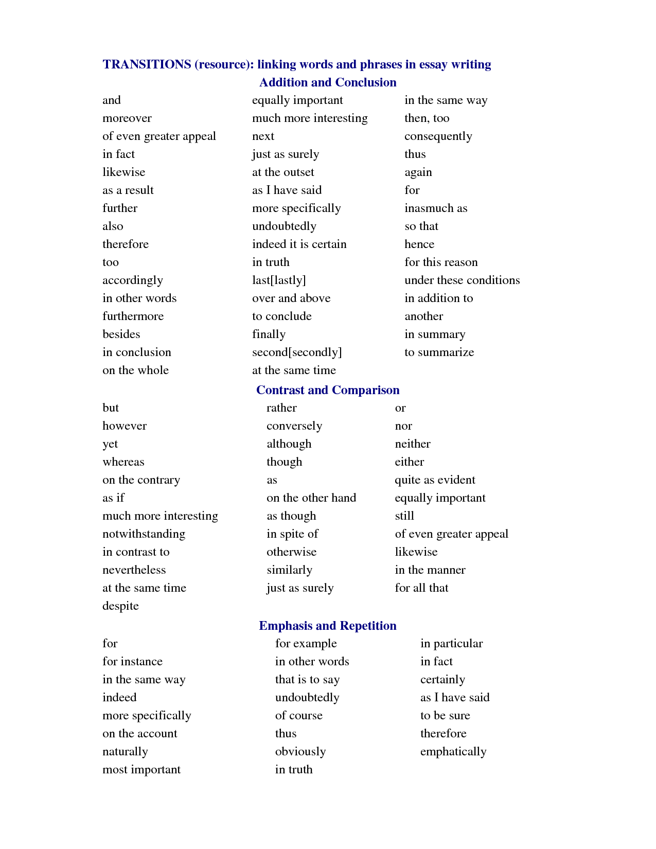 Transitional phrases compare contrast essay