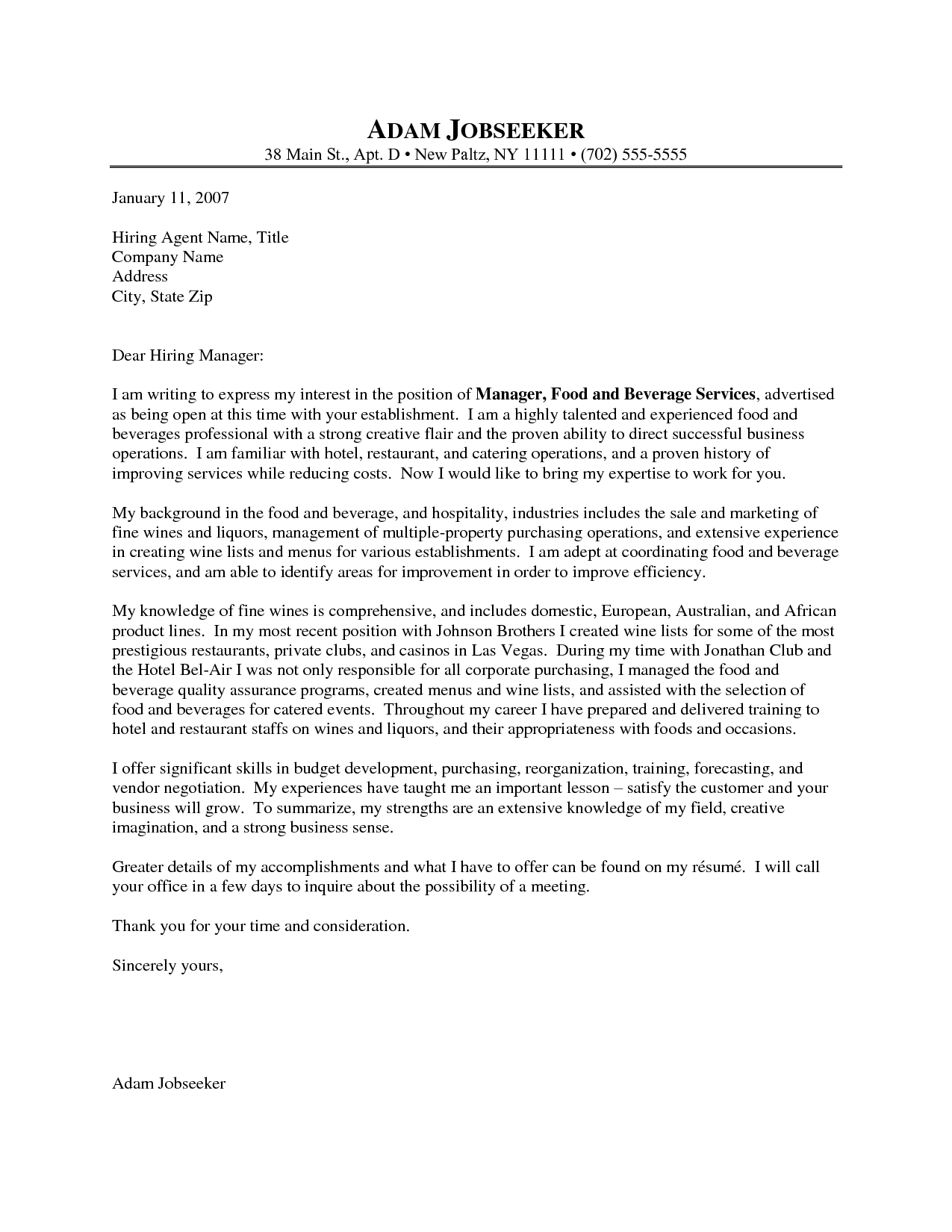 cover letter for f b manager